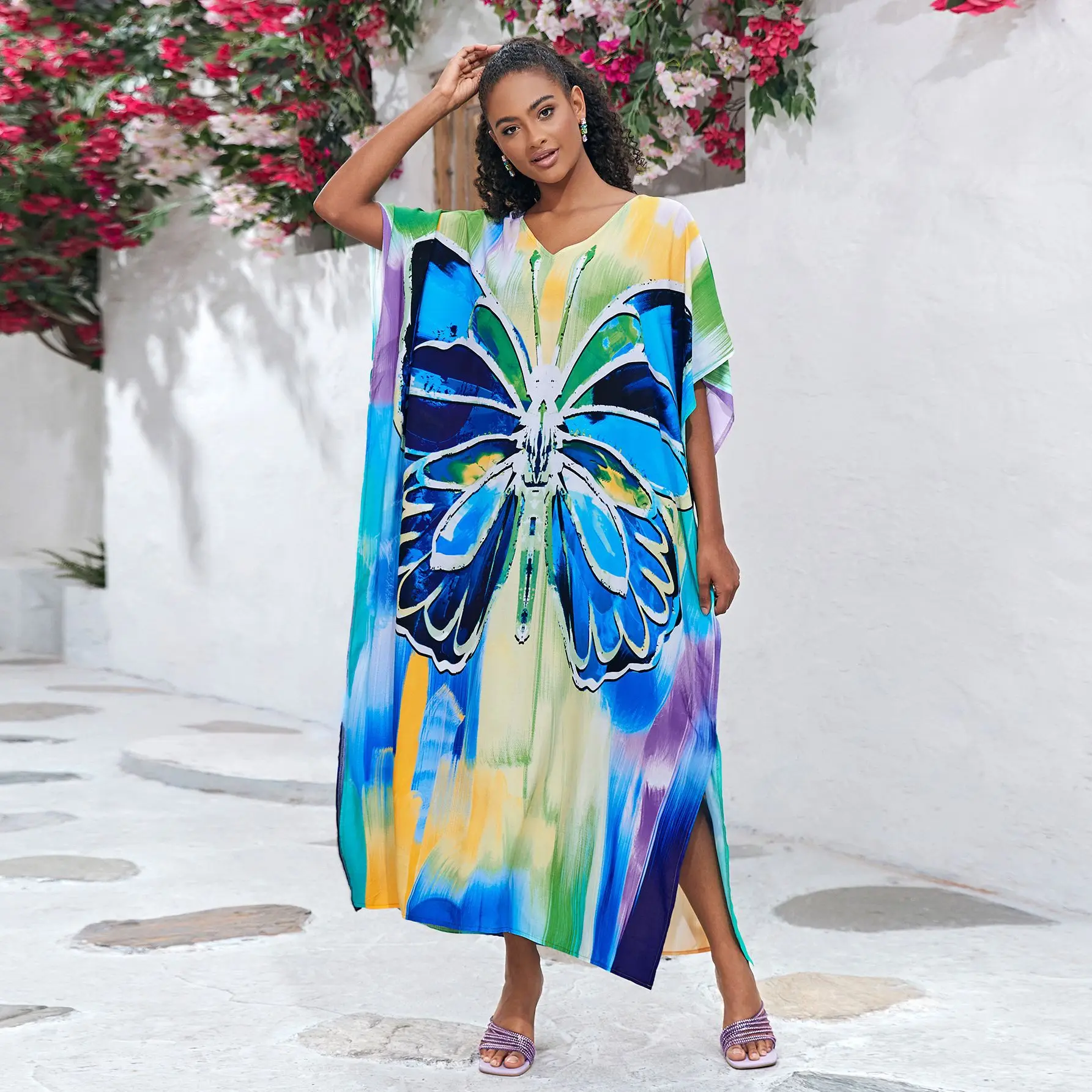 New Cover-up Bohemian Dress Print Multicolor Beach Style Kaftan Swimsuit Cover Up Maxi Dress Robe De Plage 2024 Tunic For Beach