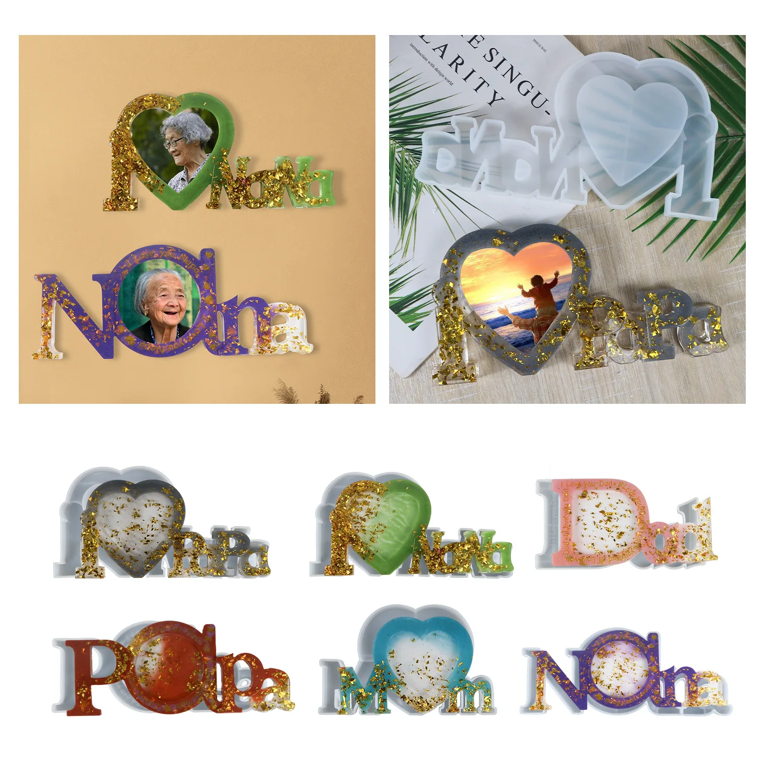 Moldes de fundición de resina DIY, marco de fotos 3D de miembro de la familia, molde de silicona para marco de fotos de madre, molde para marco de fotos I Love Grandma