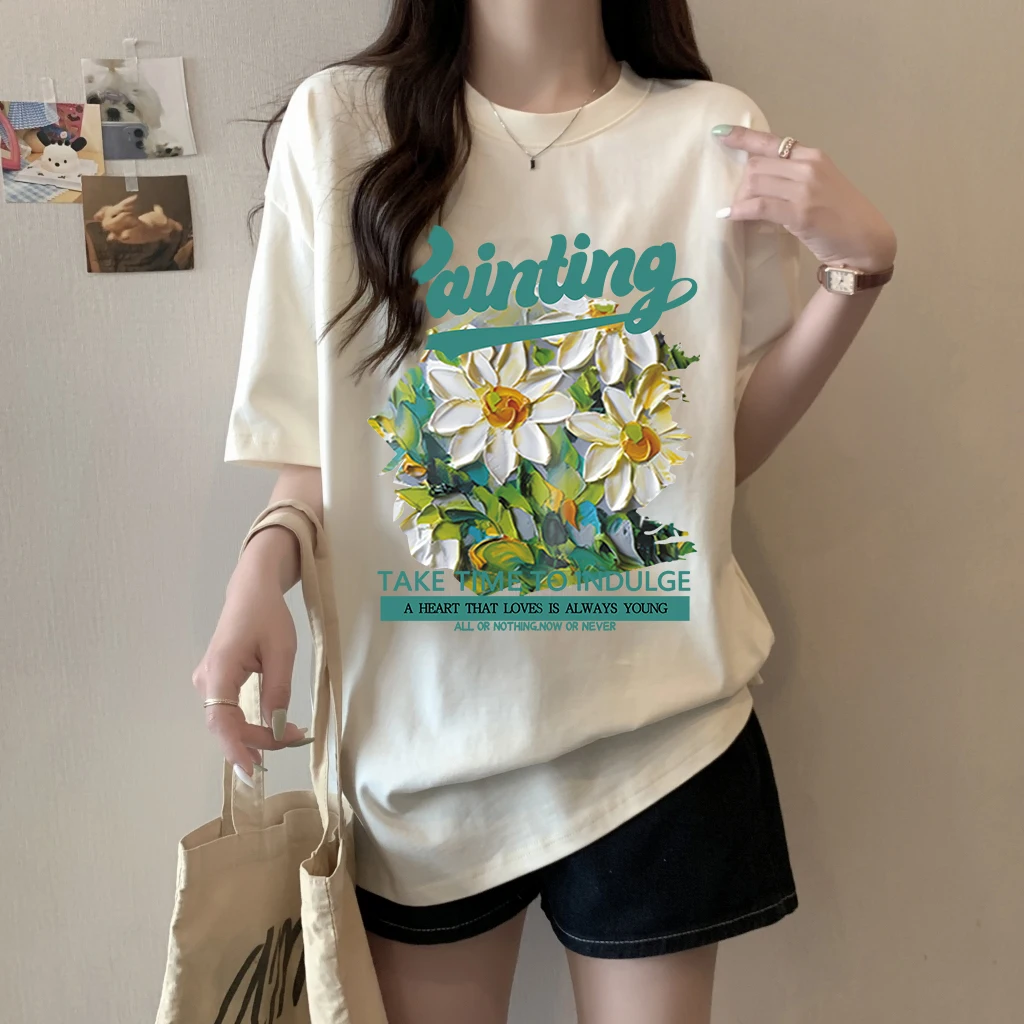 Vintage Oil Painting Floral Letter Graphic Ladies Oversized White T-shirt Short Sleeve Loose Daily Casual Tees