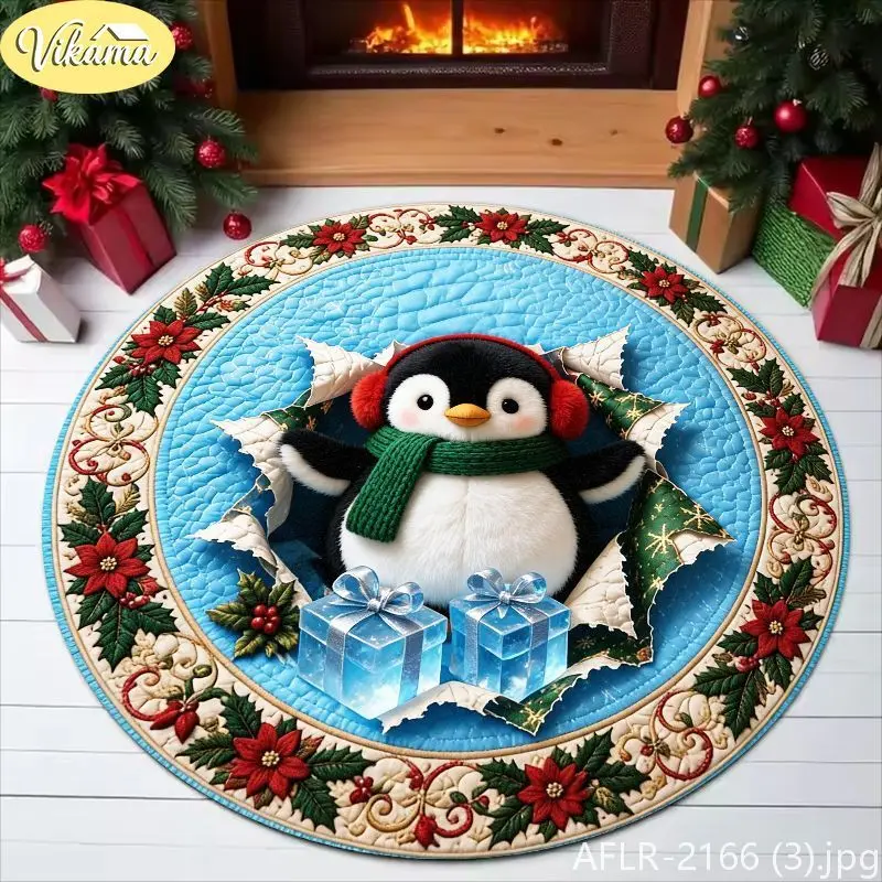 VIKAMA Round Christmas Rug 3D Distressed Penguin Print Rug Soft Non Slip Living Room Rug Cozy Festive Christmas Home Decor