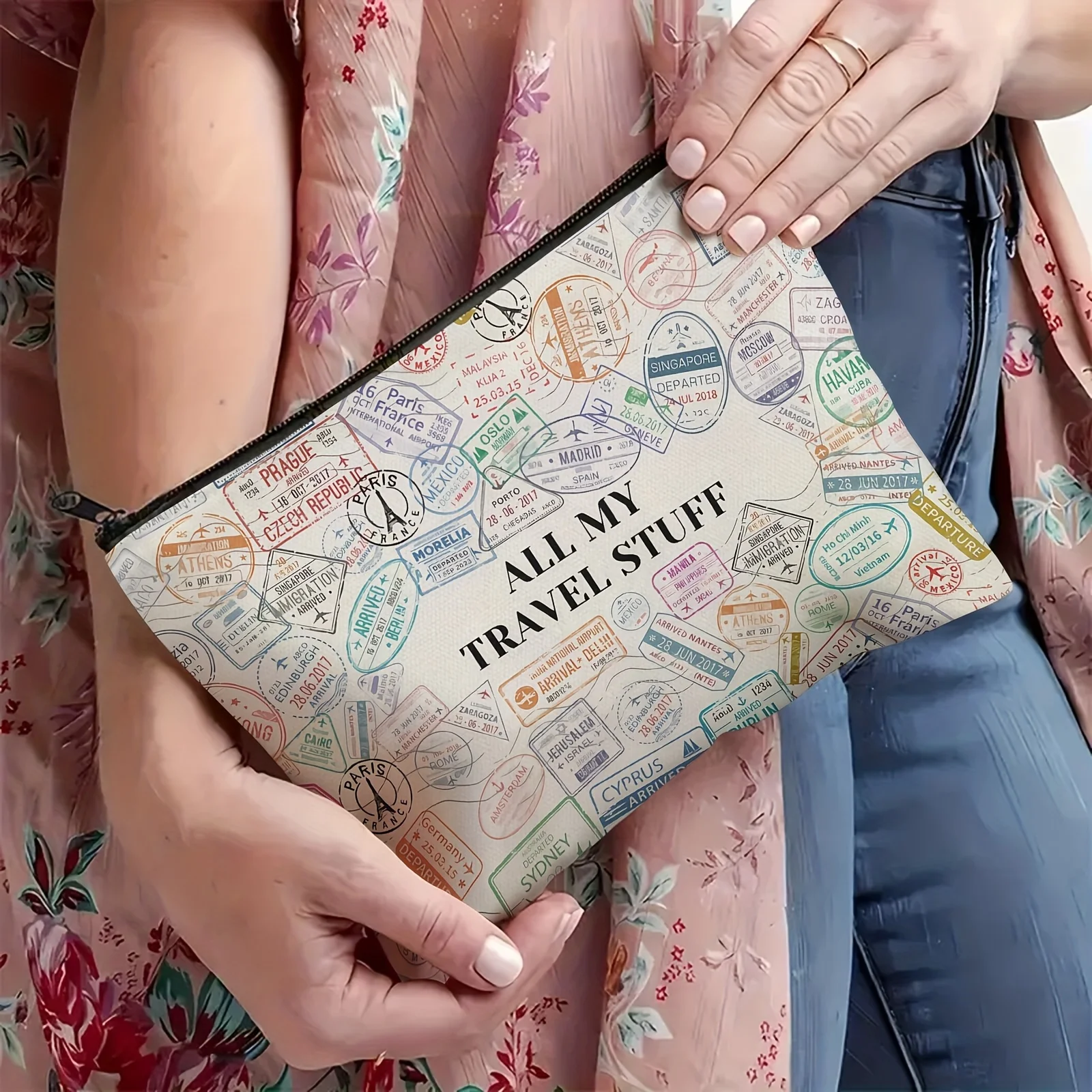 Un sac de maquillage à thème de voyage vintage – jolie pochette multifonctionnelle à fermeture éclair, sac de rangement de bijoux, petit rangement parfait à fermeture éclair pour voyage