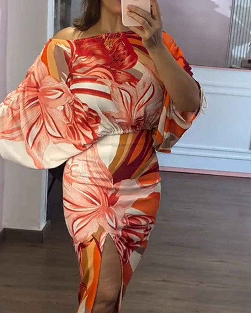 กระโปรงสตรี 2 ชิ้นชุดพิมพ์ลายดอกไม้ปิดไหล่ด้านข้าง Drawstring Crop Top & Casual เอวสูง Bodycon Slit ชุดกระโปรง