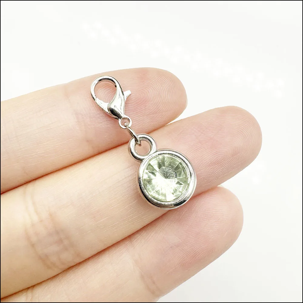 20 New Fashion Dull Silver Plated Round Charms With Lobster Claw Clasps Mixed Crystal 11x15mm