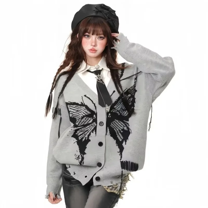 

American Style Butterfly Jacquard Design Sweaters Jackets Men Women V-Neck Autumn Winter New Loose Tops Couple Knitted Cardigan