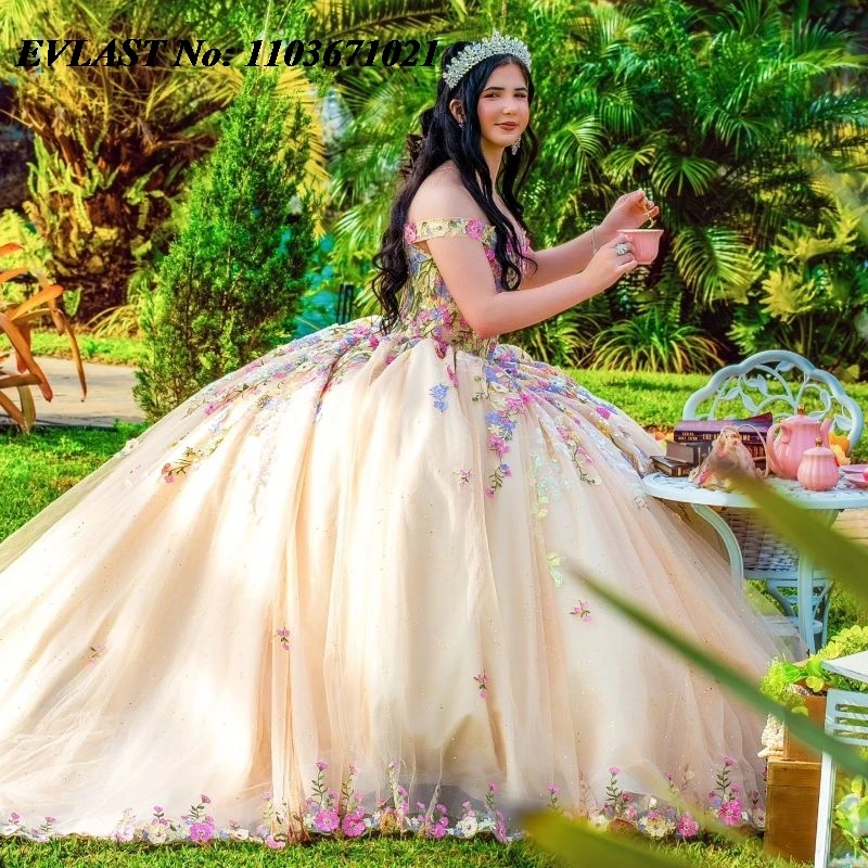 فستان كرة شامبانيا Quinceanera اللامع ، مزين بالزهور الملونة ، حلو 16 ، XV 15 ، 15 سنة ، SQ126