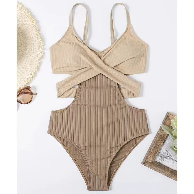 Swimsuit Woman 2024 Sexy Bodysuit Cross Cut Out Gathering One Piece Swimwear Tight Beach Lace Up Bathing Suits Summer Monokini