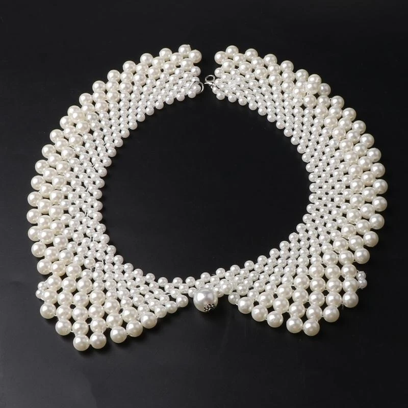 N58F Ethnic Handmade Woven Beading False Collar Imitation Pearl Jewelry Women Bib Cho