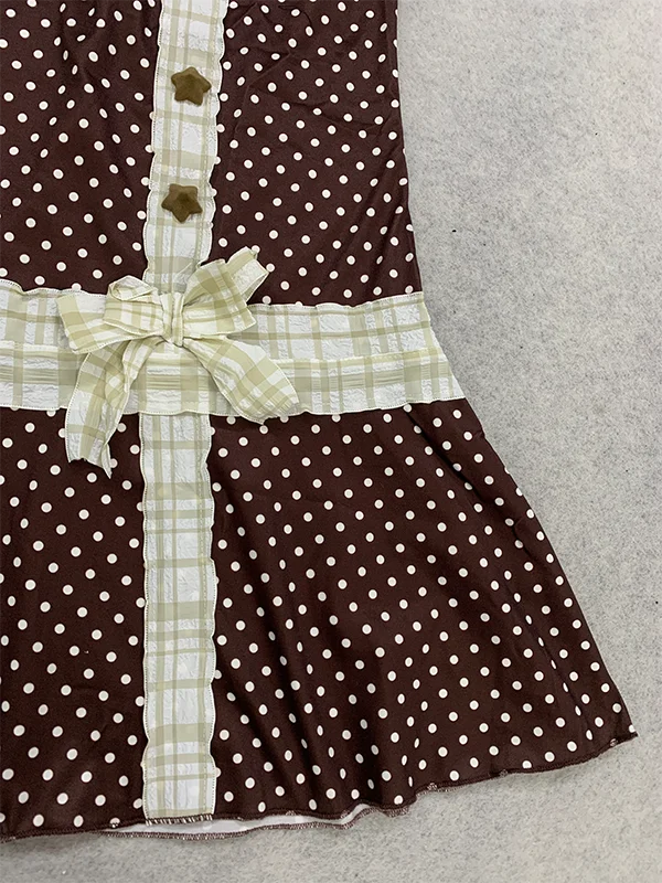 Damen-Minikleid Braun Gepunktet Spaghettiträger Quadratischer Ausschnitt Schleife Rüschenbesatz A-Linie Y2K Sommer Niedliches Freizeitkleid – Detail 11