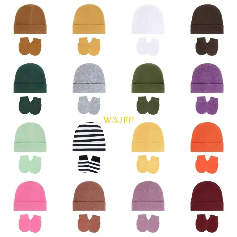 

W3JF Set of 1 Elastic Infant Fetal Hat with Matching Mittens Soft Fabric Shower Gift for Delicate Skin Neutral Color Option