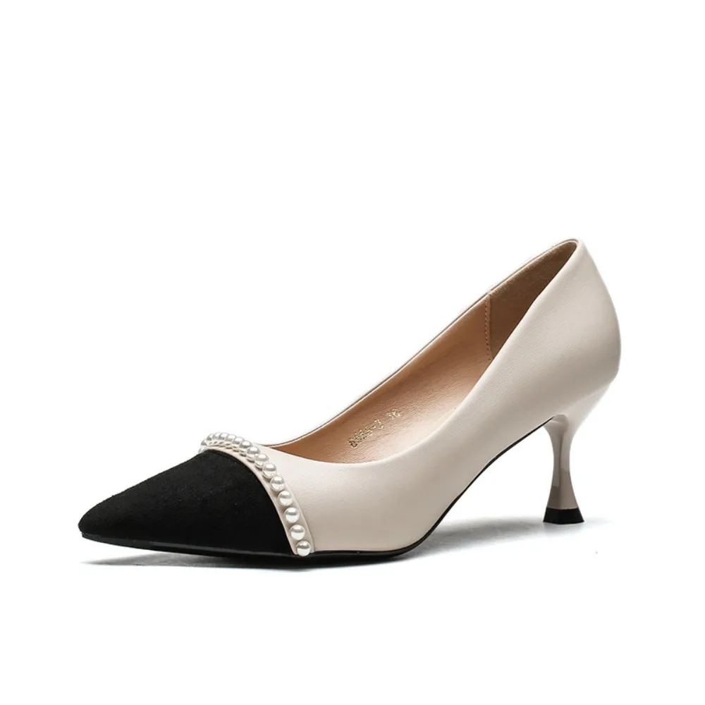 

French Pearl Heels Women Pointed Toe Mid Heel Shoes Comfortable Goat Leather