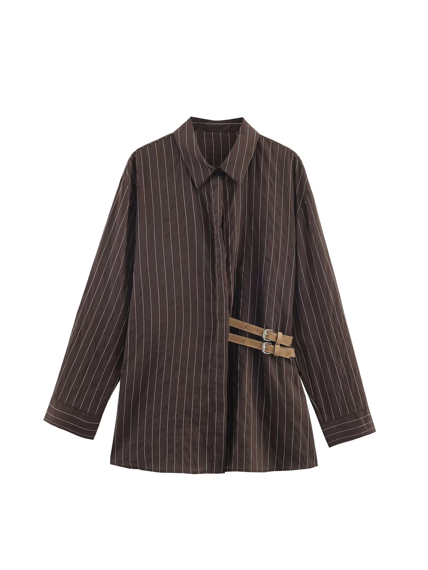 

Women's Brown Striped Shirts Blouses Vintage 2000s Elegant Aesthetic Long Sleeve Oversize Polo-Neck Shirt Clothes Spring Autumn