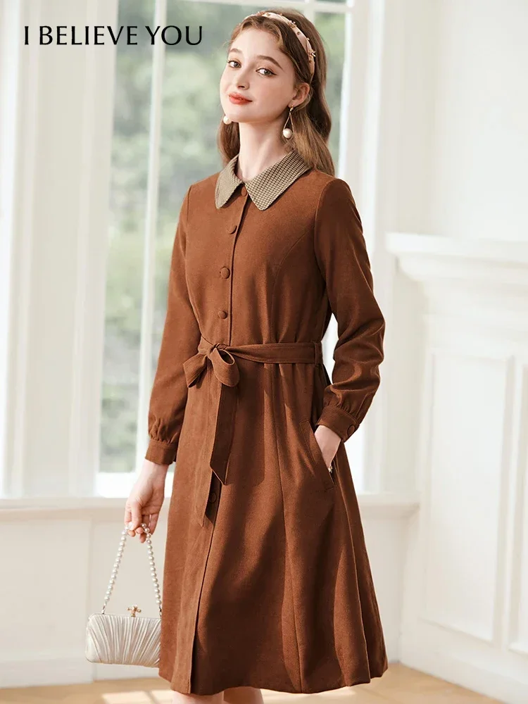 I BELIEVE YOU French Contrast Stitching Lapel Dress for Women 2023 Autumn New Lace-up Waist Temperament Long Dress 2234095343