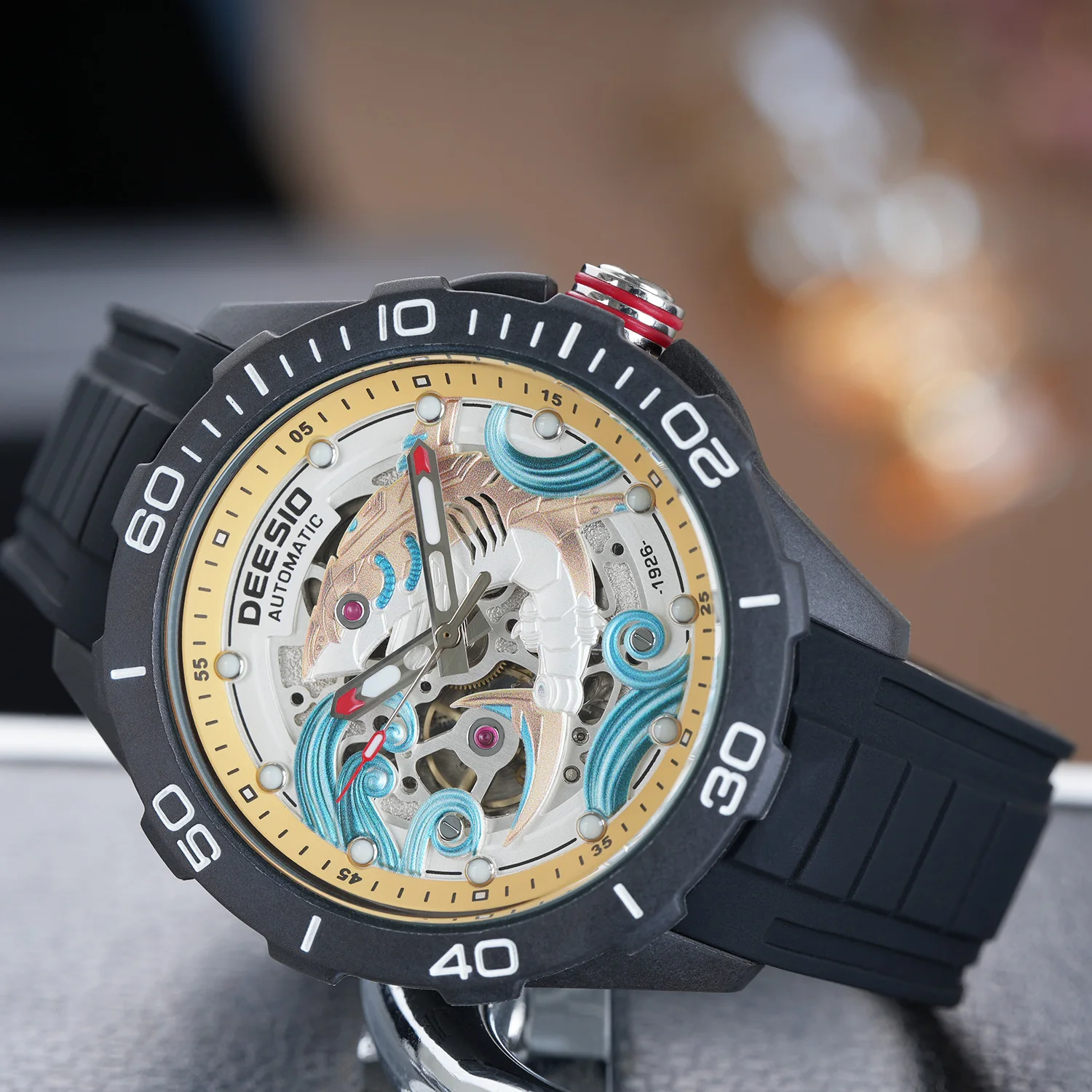 Deesio Luxury Men's Automatic Mechanical Watch |Upgrade Carbon Fiber Case Lightweight + 3D Relief Dial, Luminous Hands & 100M/10ATM Waterproof | Silicone Strap | Casual Sport to Business Fashion | Unique Skeleton Design, Perfect Gift for Him/Boyfriend view 2