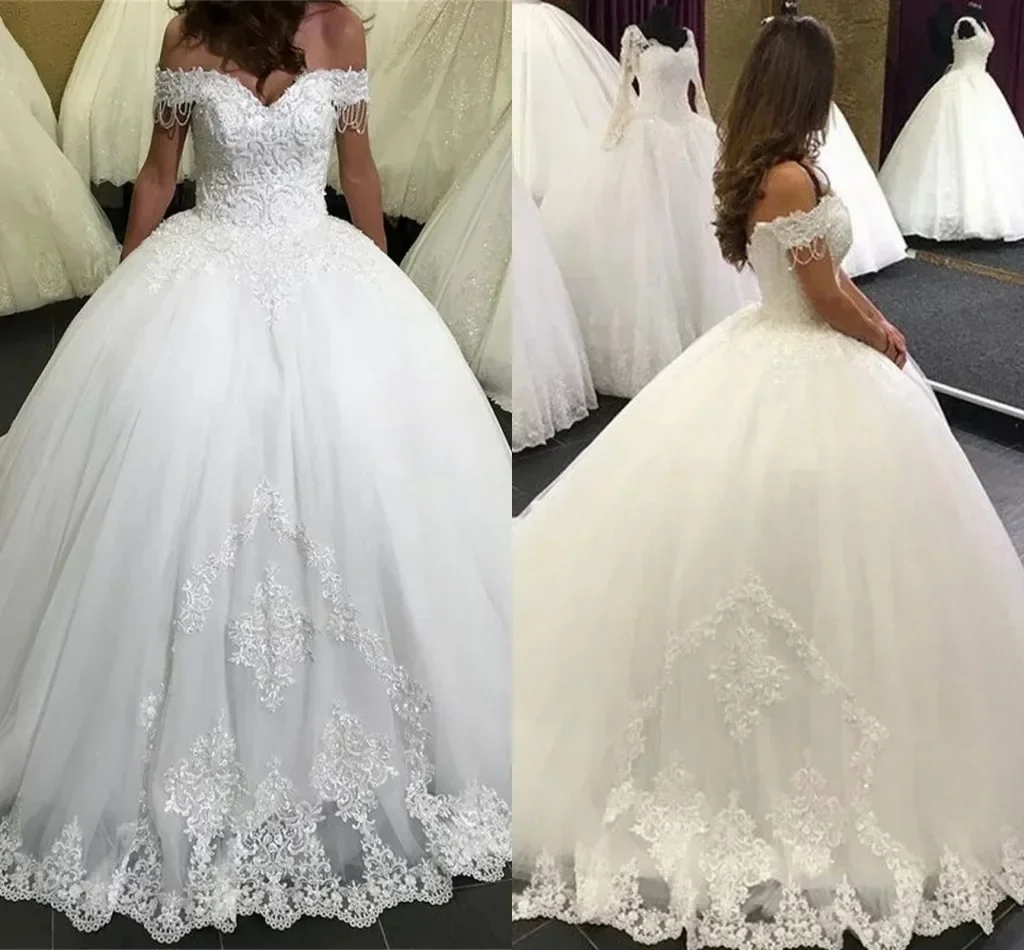 Customized Arabic Aso Ebi  Appliques Beads  Wedding Dresses Robe De Mariee Luxe Ballgown Off the Shoulder Bridal Gown