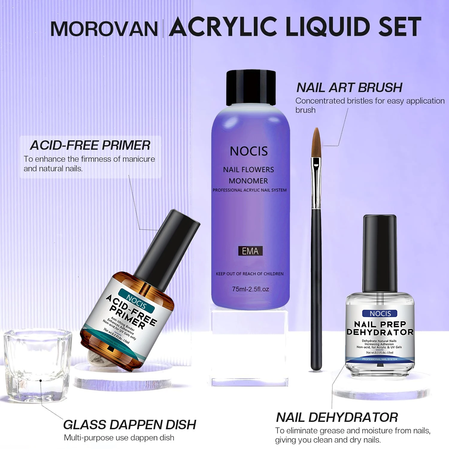 NOCIS MMA-Free Acrylic Nail Liquid Kit - Monomer Acrylic Liquid for Nail Extension with Nail Dehydrator and Primer