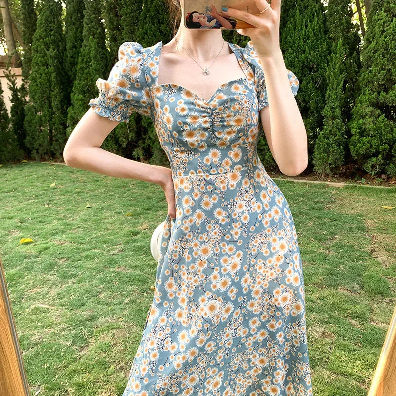 Women Summer Floral Print Dress Female Fashion Puff Sleeve Sexy Split Slim Dresses Elegant Vintage Dress  Vestidos