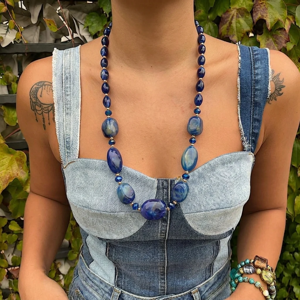 Vintage Harz-Perlen Lange Kettenhalsketten für Damen und Herren Unregelmäßige Geometrische Ovale Perlenhalsketten Statement-Schmuck Geschenk – Detail 4