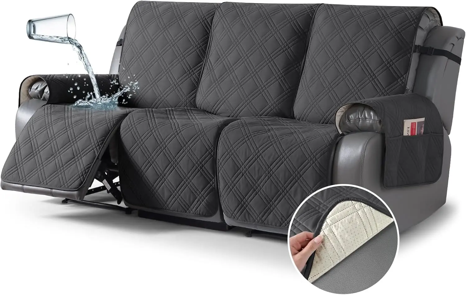 

Waterproof Recliner Sofa Cover, Non-Slip Split Design with Elastic Straps for 3-Seater Couches, Charcoal Gray