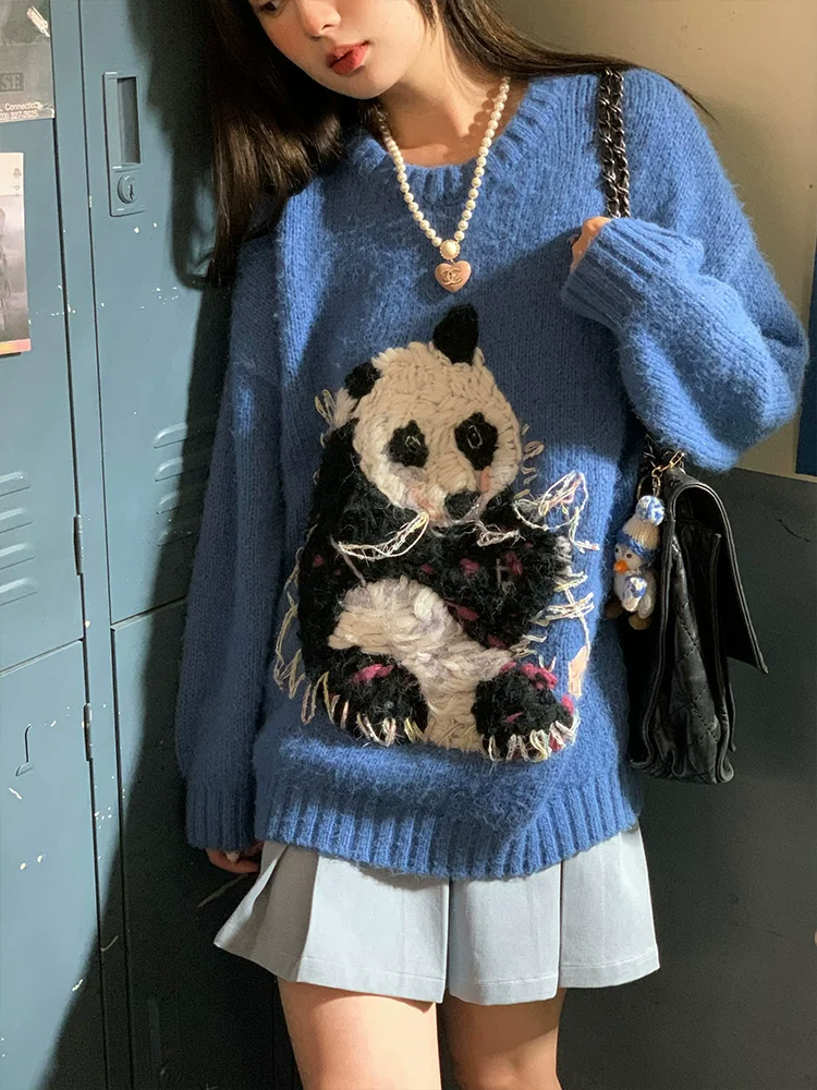 

Autumn Spring Women Fashion Handmade Panda Embroidery Woolen Pullover Sweaters