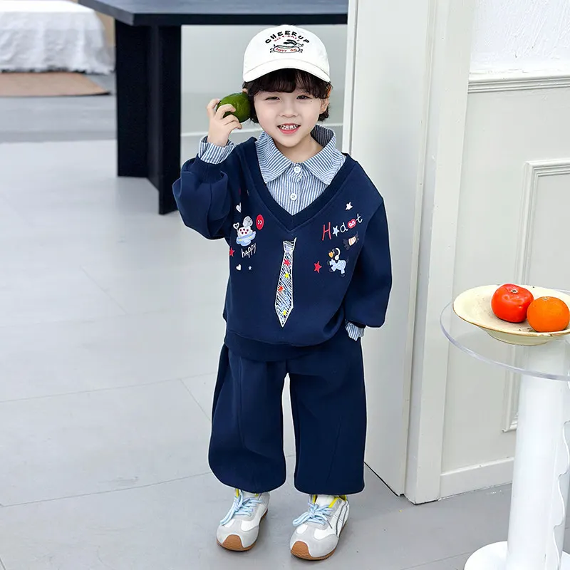 Fashion Kids Outfit Boys Sets fake two piece Patchwork Sweatshirt+pants 2PCS Suit Autumn Children Toddler Suit For 2-10Years