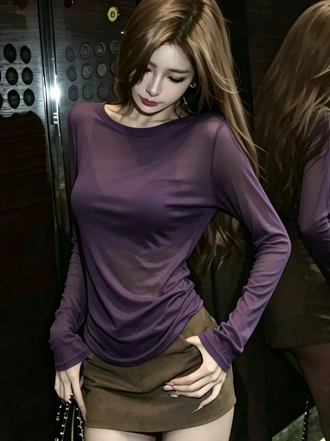 Sexy Pure Desire Purple Long Sleeve T-Shirt Women Summer Thin Micro Translucent Sun Protection Cover up High End Beautiful Top