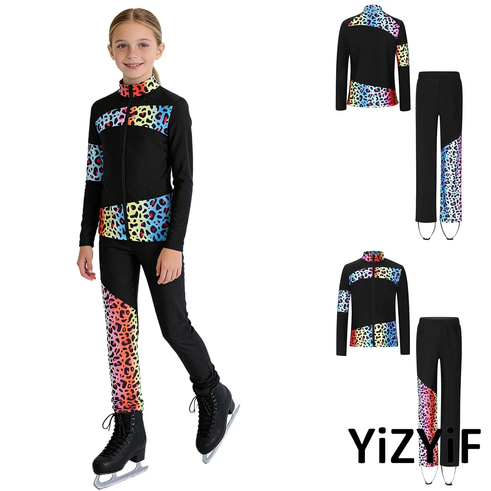 

Girls Ice Skating Performance Dance Costume 2 Pieces Mock Neck Long Sleeve Zipper Jacket Top+Legging Pants Set Lyrical Dancewear