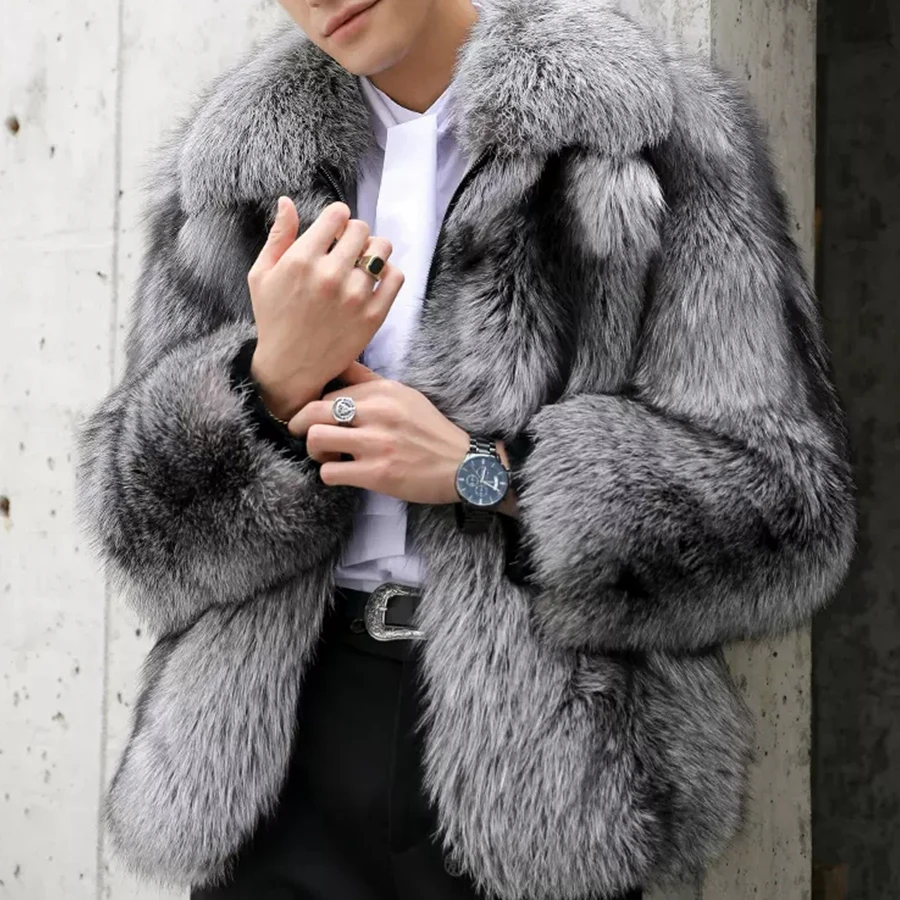 Genuine Fox Fur Coat Winter Coat With Silver Fox Lapel High Quality Mid-Length Men's Fur Jacket With Zipper