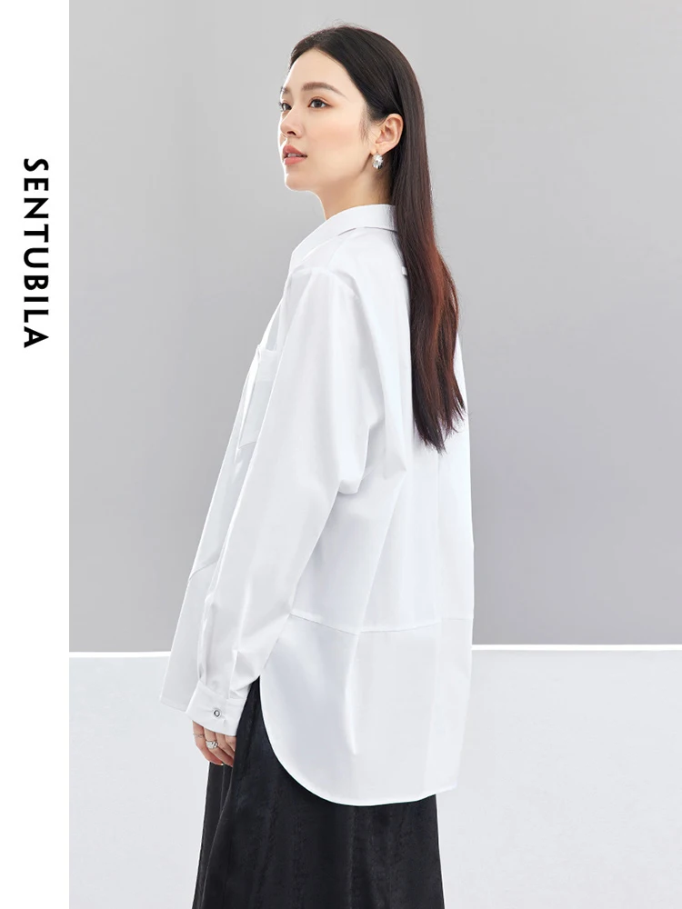 SENTUBILA Spring Lapel Cotton Blend White Shirt 2024 Simple Button Up Straight Loose Women Blouse Long Sleeve Tops 141C53053