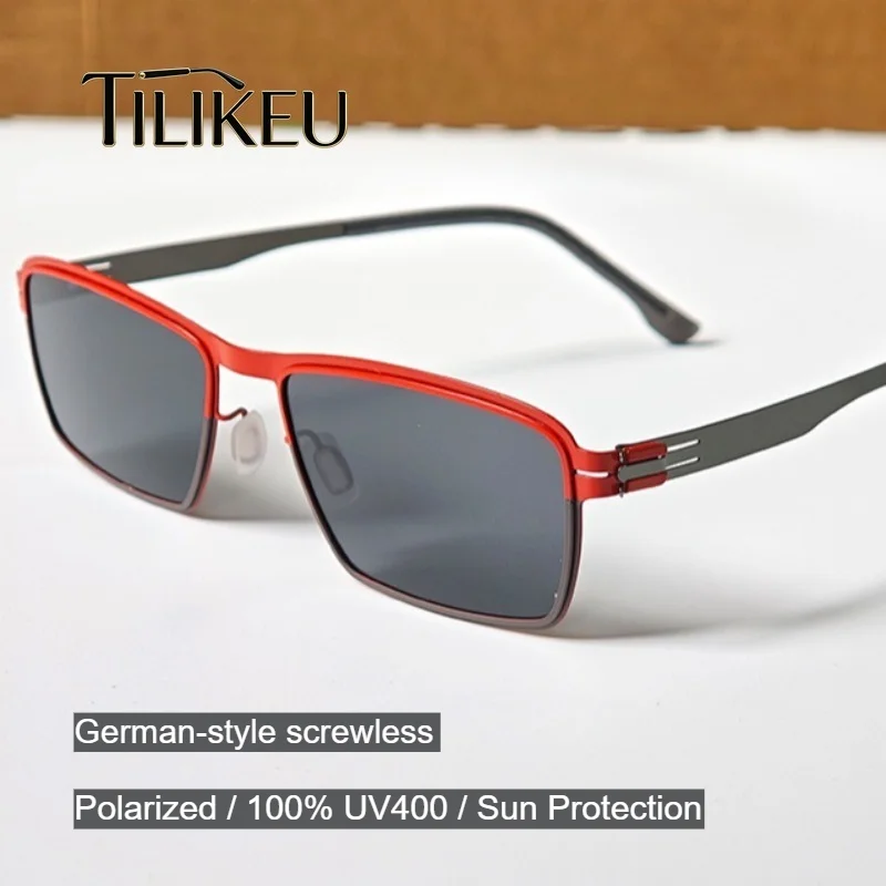 German Ultra-thin Steel Screwless Sunglasses For Men's Outdoor Driving Anti Glare Polarized Shades UV400 Rectangular Sun Glasses