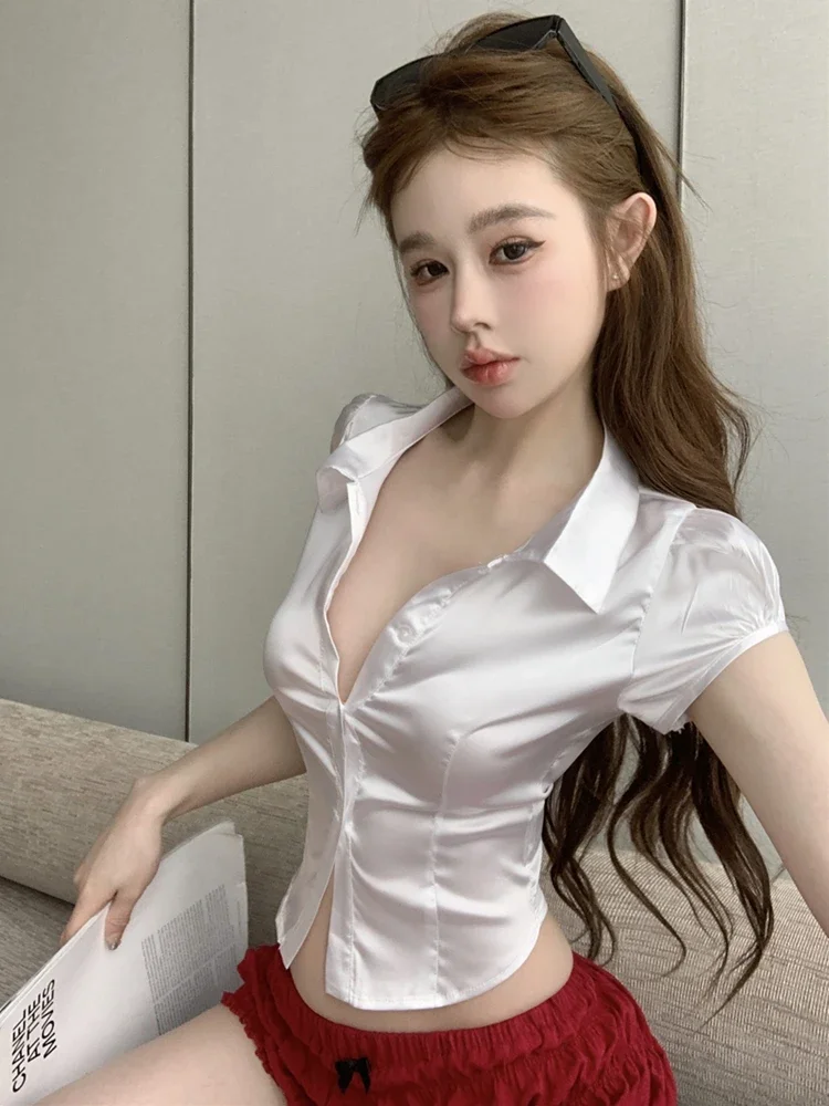 White Silk Sexy Shirts Women 2024 Korean Fashion Clothing Casual Short Sleeve Blusas Mujer Slim Crop Tops Ladies French Blouses