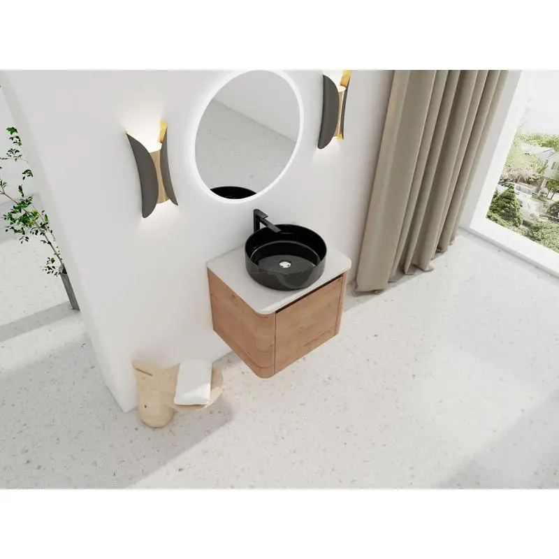 زينة حمام مثبتة على الحائط مقاس 24 بوصة مع حوض سيراميك وباب مغلق ناعم، خشب رقائقي، سهل التجميع، تصميم موفر للمساحة، طراز حديث