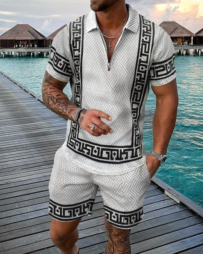 Man Clothes Boho Geometric Style 3D Print Men Polo shirts Set Zipper Lapel Polo Sets Zipper Collar+Shorts 2pcs Hawaii Holiday