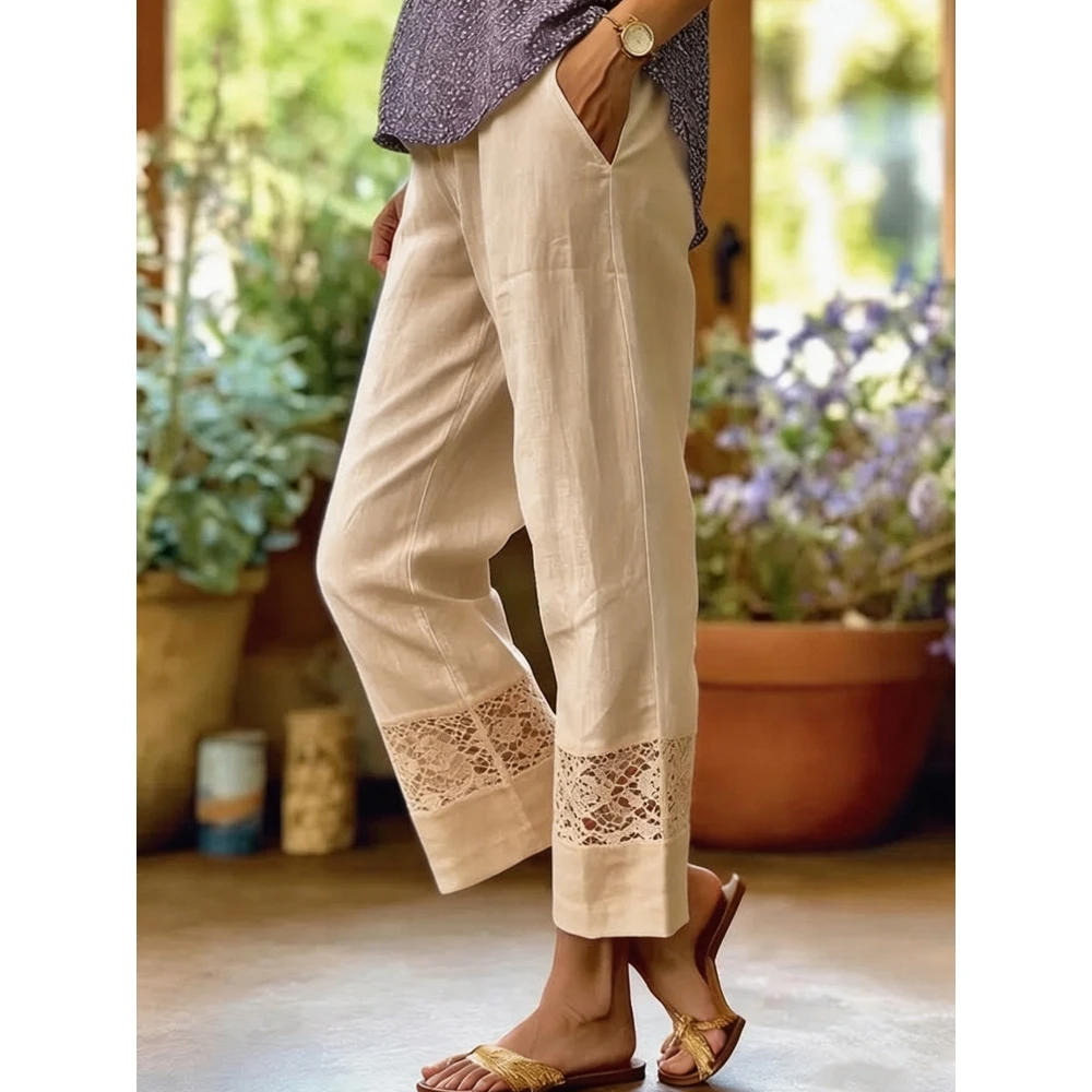Loose Casual Lace Trim Women's Pants 2026 New Style Nine Points Pure Color Splicing Design Spring Fashion mid Waist Trousers