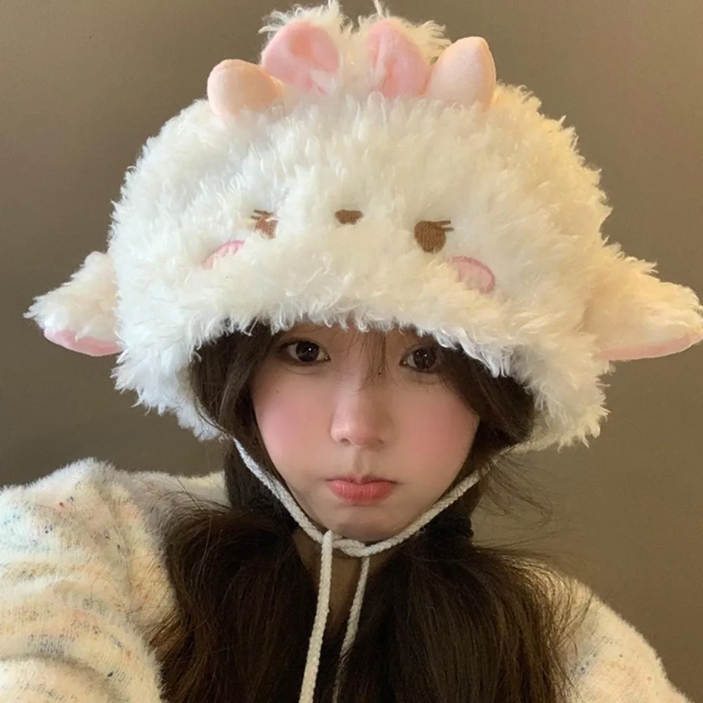 

Fashion Soft Sheep Ear Bucket Hat Fluff Cute Dome Hat Pink White Sweet Plush Pullover Hat Winter