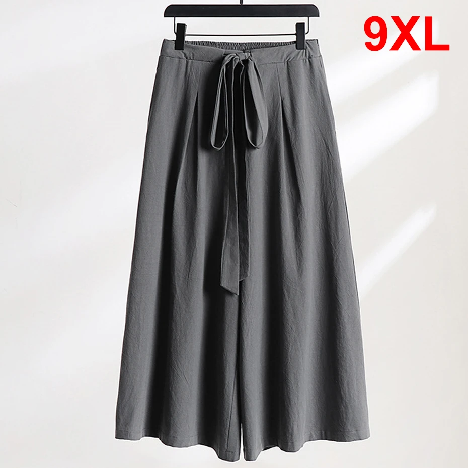 Weite, lockere Leinenhose für Herren, Hakama Kung-Fu-Hose, knöchellange Baggy-Hose, Sommer, einfarbig, weiter Beinabschluss, Herren, Übergröße 9XL