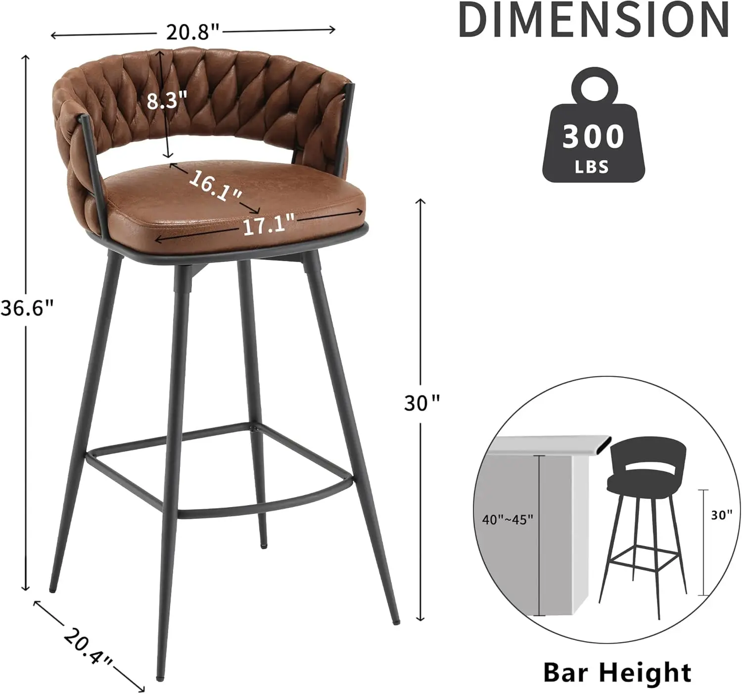 Moderne Barhocker Set mit 2, 30 "Barhockern in Barhöhe, 180 ° drehbare Hocker aus Wildleder mit gewebter Rückenlehne und Fuß stütze