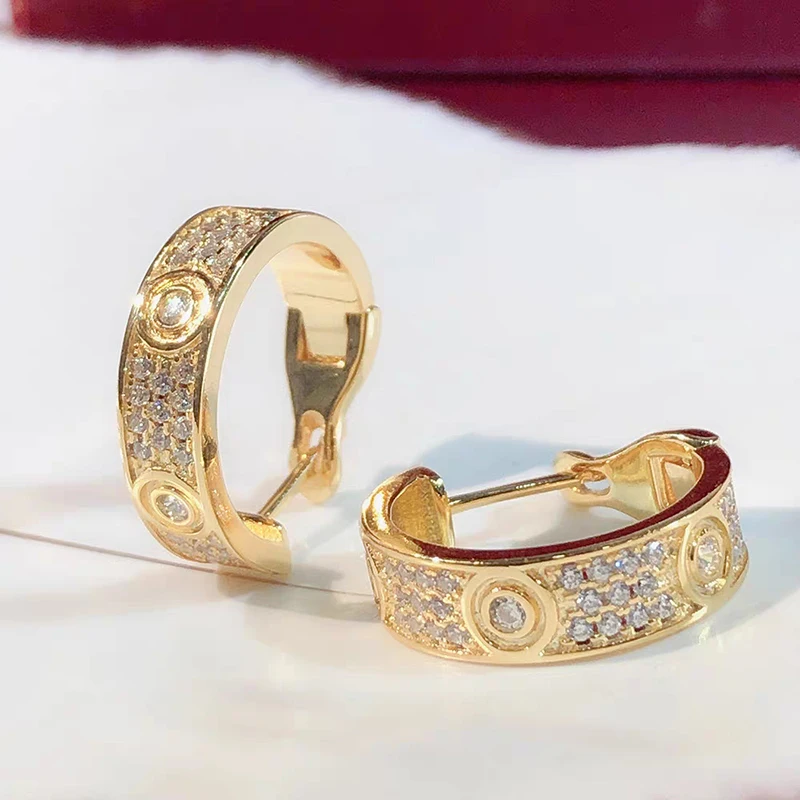 Classic Seiko Gold Plating Does Not Fade Three Rows Full of Diamonds Hoop Earrings for Women Exquisite Fashion Brand Jewelry