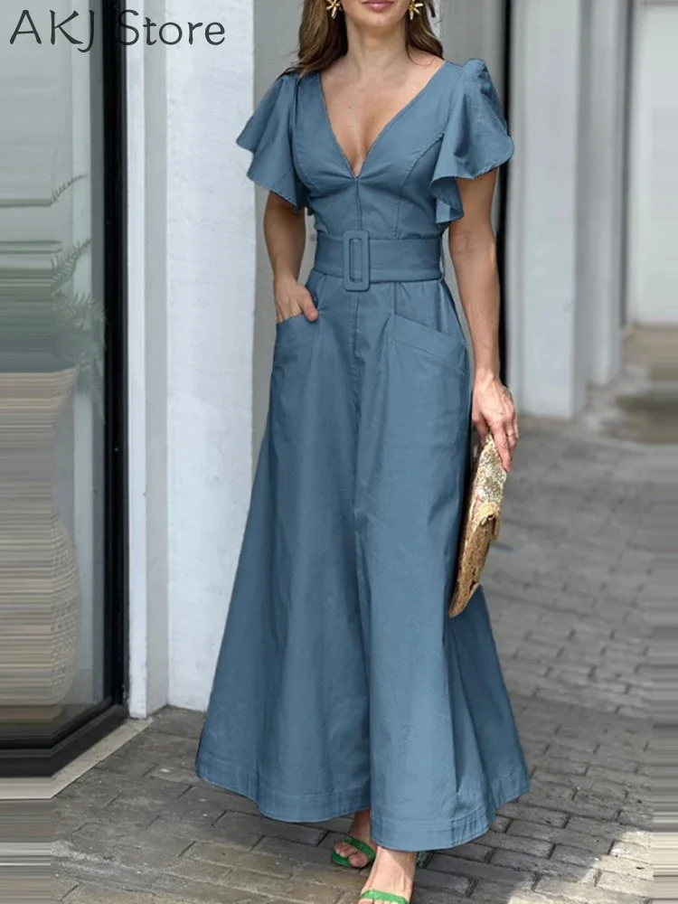 Women V-Neck Bell Sleeve Slit Front Pocket Design Maxi Dress with Belt