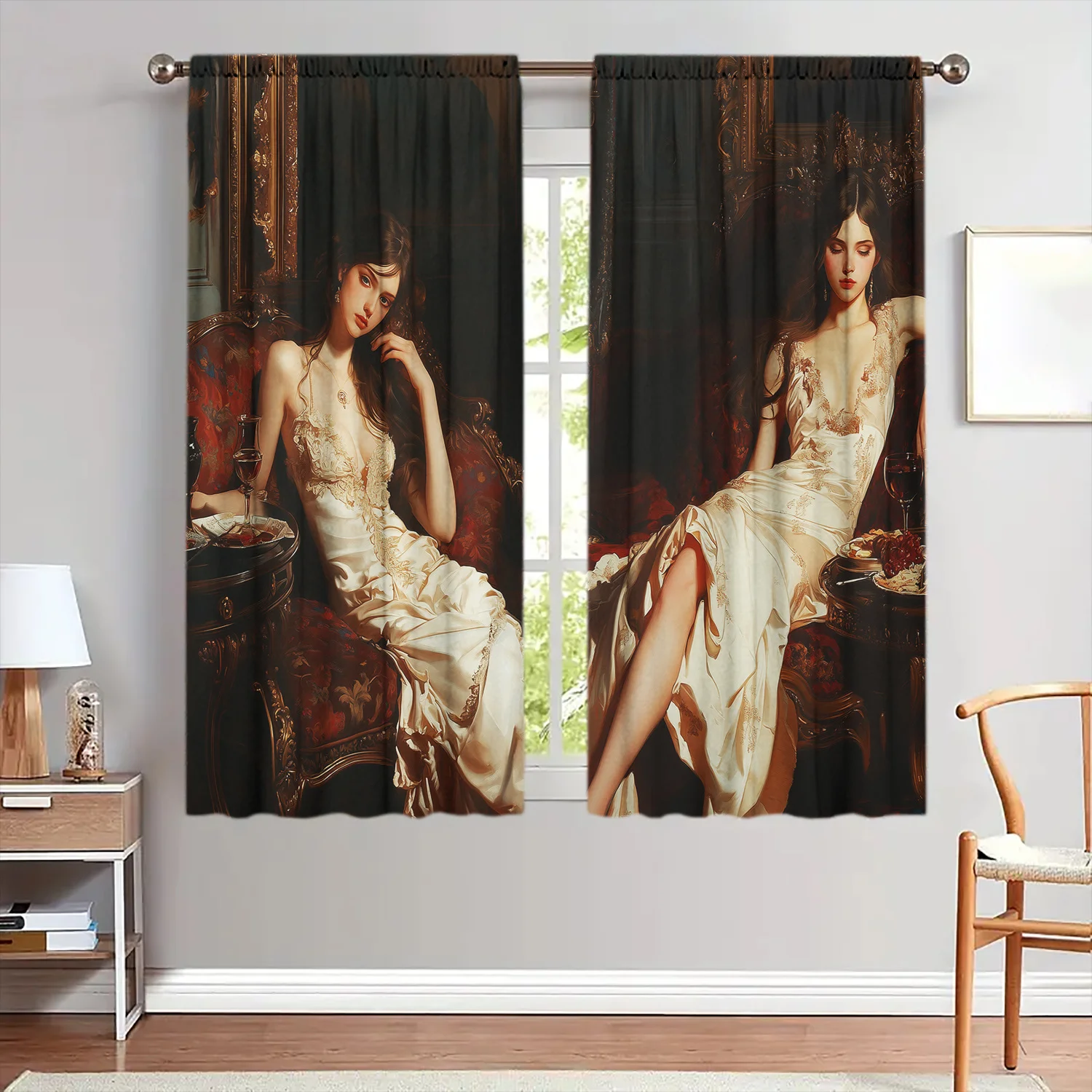 Elegant Vintage Art Portrait Curtains Polyester Decorative Panel for Living Room Bedroom Gothic Romance Style Window Draping Cur