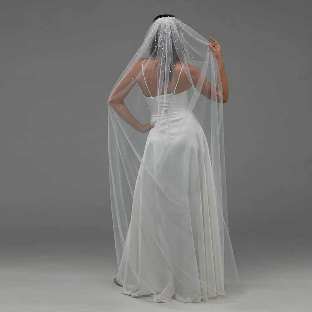 

Long Fingertip Length Bridal Veil with Comb Single Tier Pearl Embellished Cut Edge White Ivory Wedding Veil Accessories VP21
