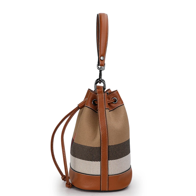 Aidrani Fashion Plaid Canvas with Cowhide Bucket Bag Classic Versatile One Shoulder Crossbody Bag