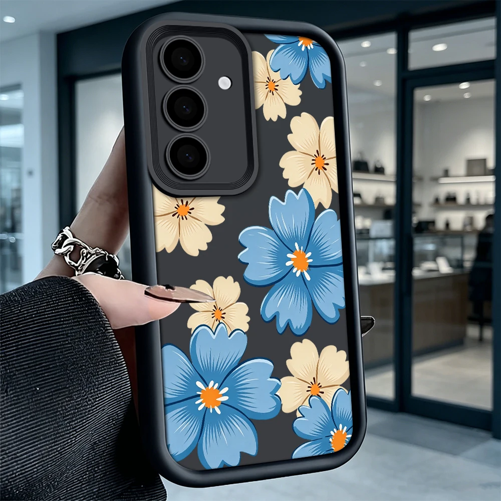 Blue and Beige Flower Pattern Shockproof Soft TPU Back Case For Samsung S22 S23 S24 S25 S26 Ultra A16 A35 A55 Anti Drop Cover