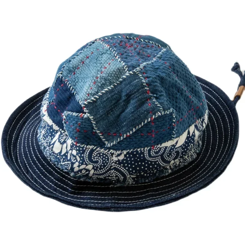 Japanese Handmade Blue Dye Patch Ribbon Fisherman Hat Kendo Cloth Basin Men's and Women's Onesize Casual Bucket Hats