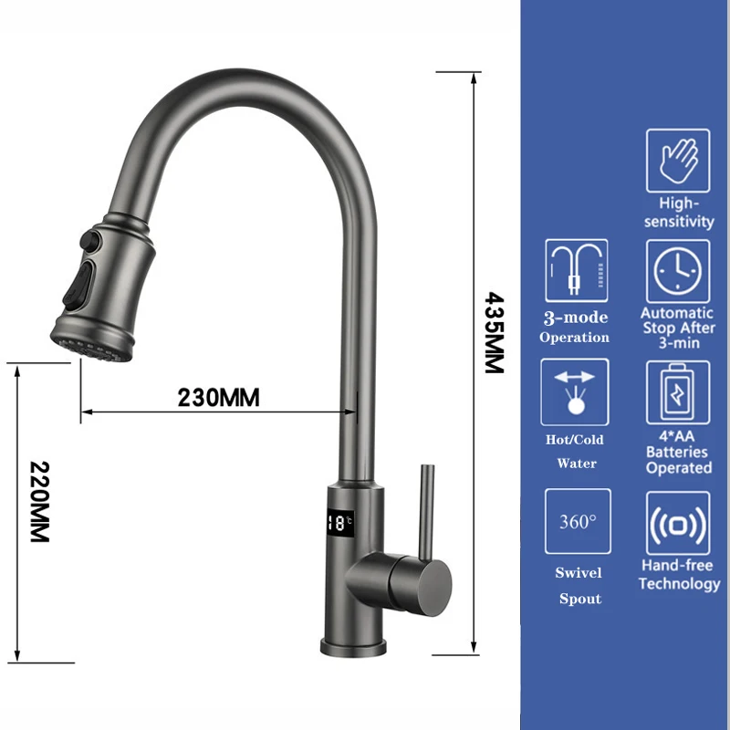 Imagem -03 - Toque Inteligente Torneira da Cozinha com Sensor de Água Inteligente Torneiras Arma Cinza Luxo Puxar para Fora 360 ° Removível Bico Misturador Cimento para Torneira