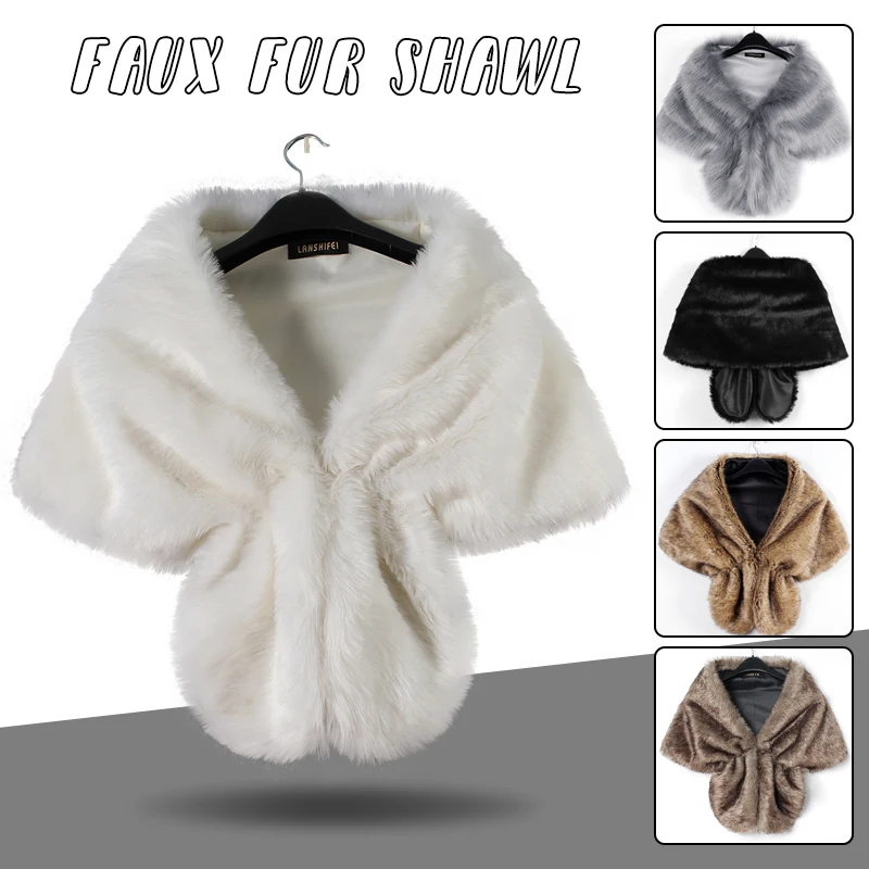 Women Bridal Shawl Wedding Cape Warm Plush Elegant Winter Faux Fur Long Shawl Stole Wrap Shrug Scarf For Evening Party Decor