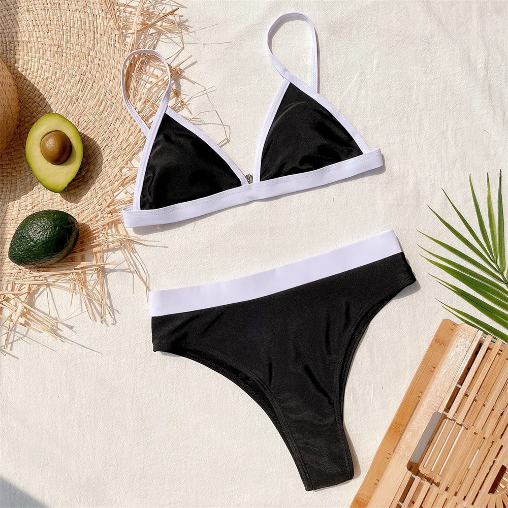 

Black Bikini Y2K White Border Triangle Set Swimsuit Push Up Patchwork Backless Vacation Swimwear Women Beach Outfit Bathing Suit