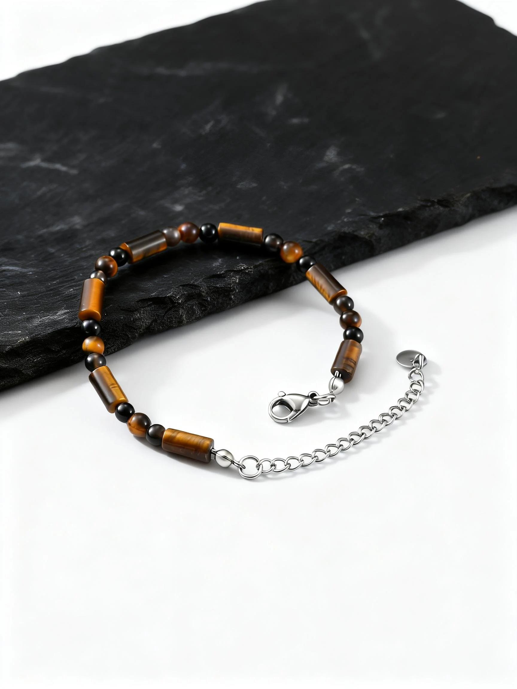 Bohemian Tiger Eye Beaded Bracelets for Men,Stainless steel Chain Natural Stone Wristband,Male Jewelry Gift New