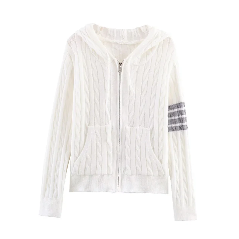 Cardigan tricoté à fleurs torsadées pour femme, pull à manches longues, cordon de serrage, capuche, fermeture éclair, Streetwear, manteau mignon