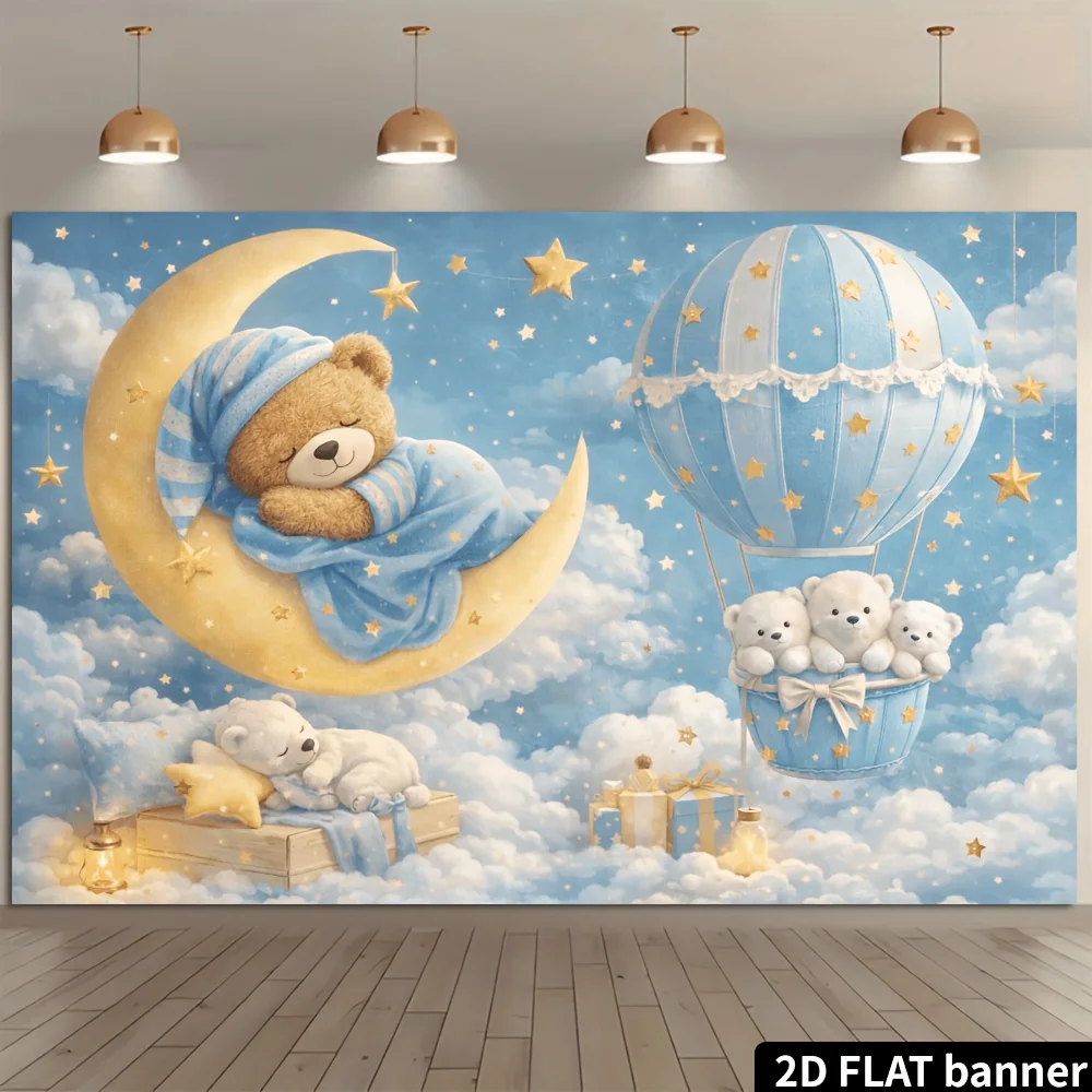 Whimsical Teddy Bear Nursery Tapestry Wall Decor Baby Room Backdrop Moon Hot Air Balloon Celestial Kids Room Cartoon Polyester P