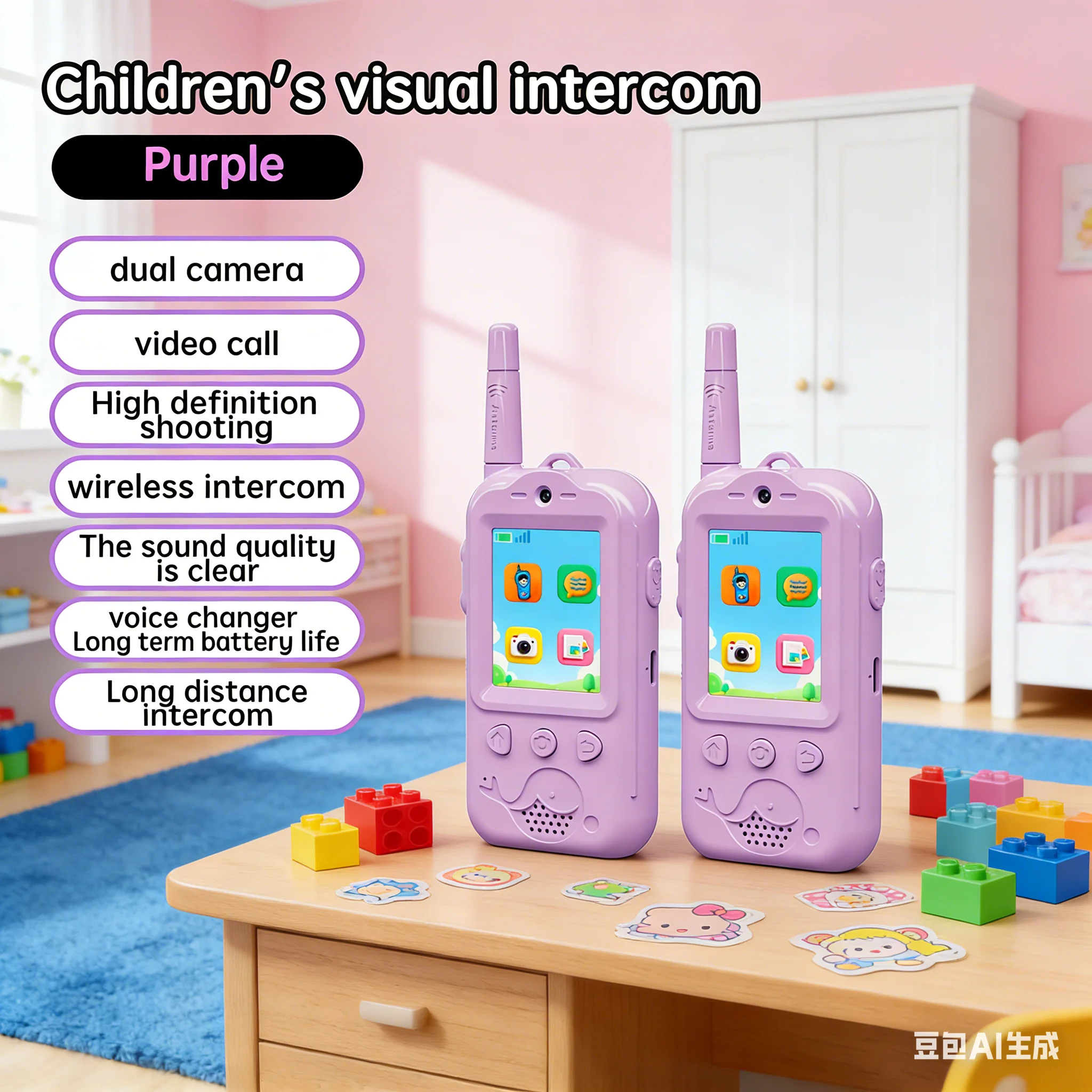 زوج واحد من أجهزة الاتصال اللاسلكية الفيديو ذات العدسة المزدوجة للأطفال القابلة لإعادة الشحن في اتجاهين أجهزة الراديو اللاسلكية مكالمة فيديو لاسلكية مع مغير الصوت #1